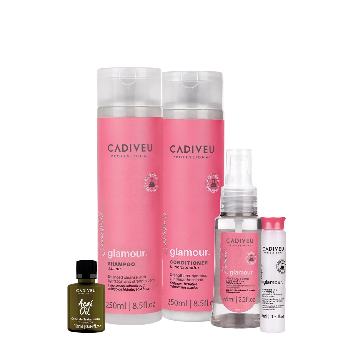 Kit Cadiveu Professional Essentials Glamour Shampoo Condicionador Ampola Sérum e Açaí Oil 10 (5 produtos) Produto: Kit Cadiveu Professional Essentials Glamour Shampoo Condicionador Ampola Sérum e Açaí Oil 10 (5 produtos)