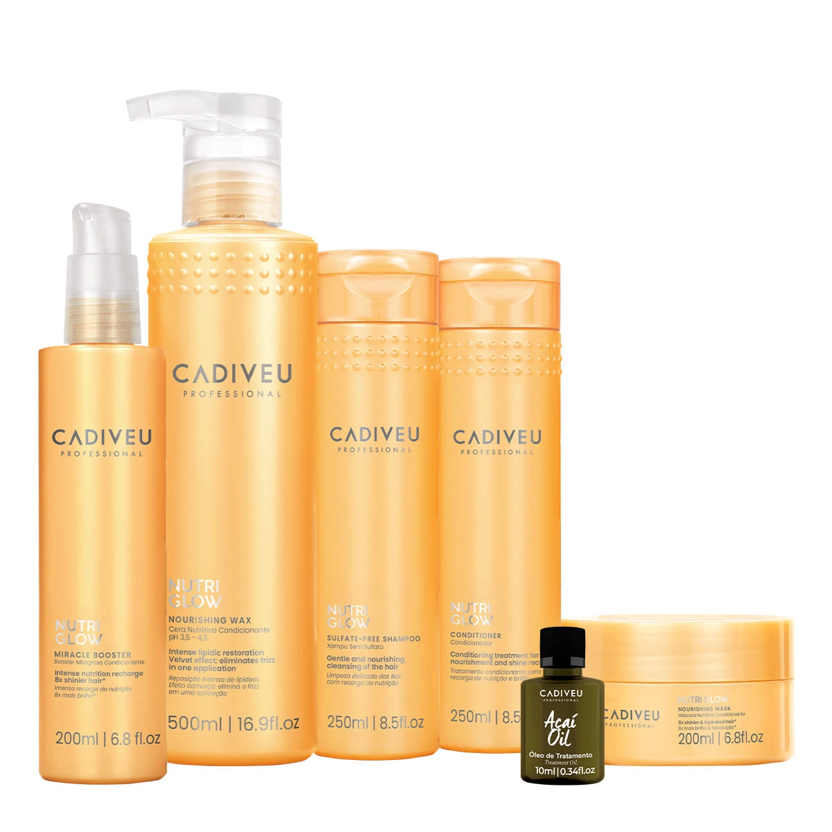 Kit Cadiveu Professional Nutri Glow Shampoo Condicionador Máscara Pré-Shampoo Cera e Açaí Oil (6 produtos) Produto: Kit Cadiveu Professional Nutri Glow Shampoo Condicionador Máscara Pré-Shampoo Cera e Açaí Oil (6 produtos)