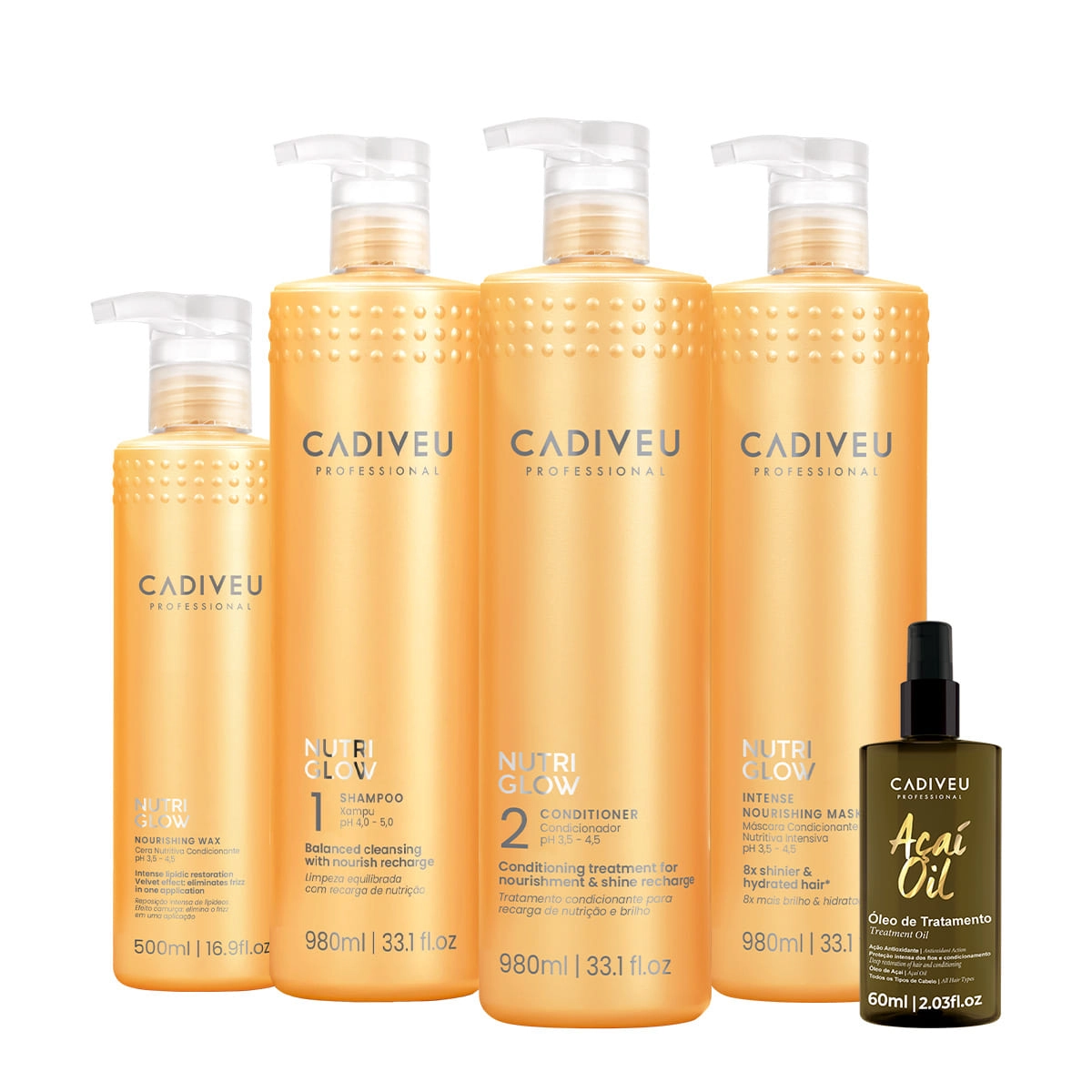 Kit Cadiveu Professional Nutri Glow Shampoo Condicionador Máscara Cera G e Açaí Oil 60 (5 produtos) Produto: Kit Cadiveu Professional Nutri Glow Shampoo Condicionador Máscara Cera G e Açaí Oil 60 (5 produtos)