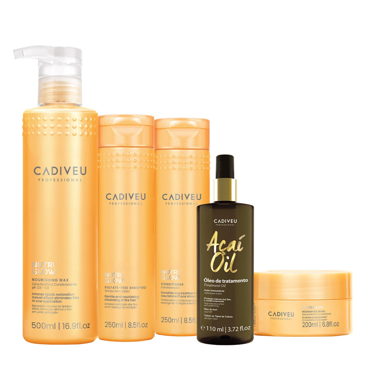 Produto: Kit Cadiveu Professional Nutri Glow Shampoo Condicionador Máscara P Cera e Açaí Oil 110 (5 produtos)