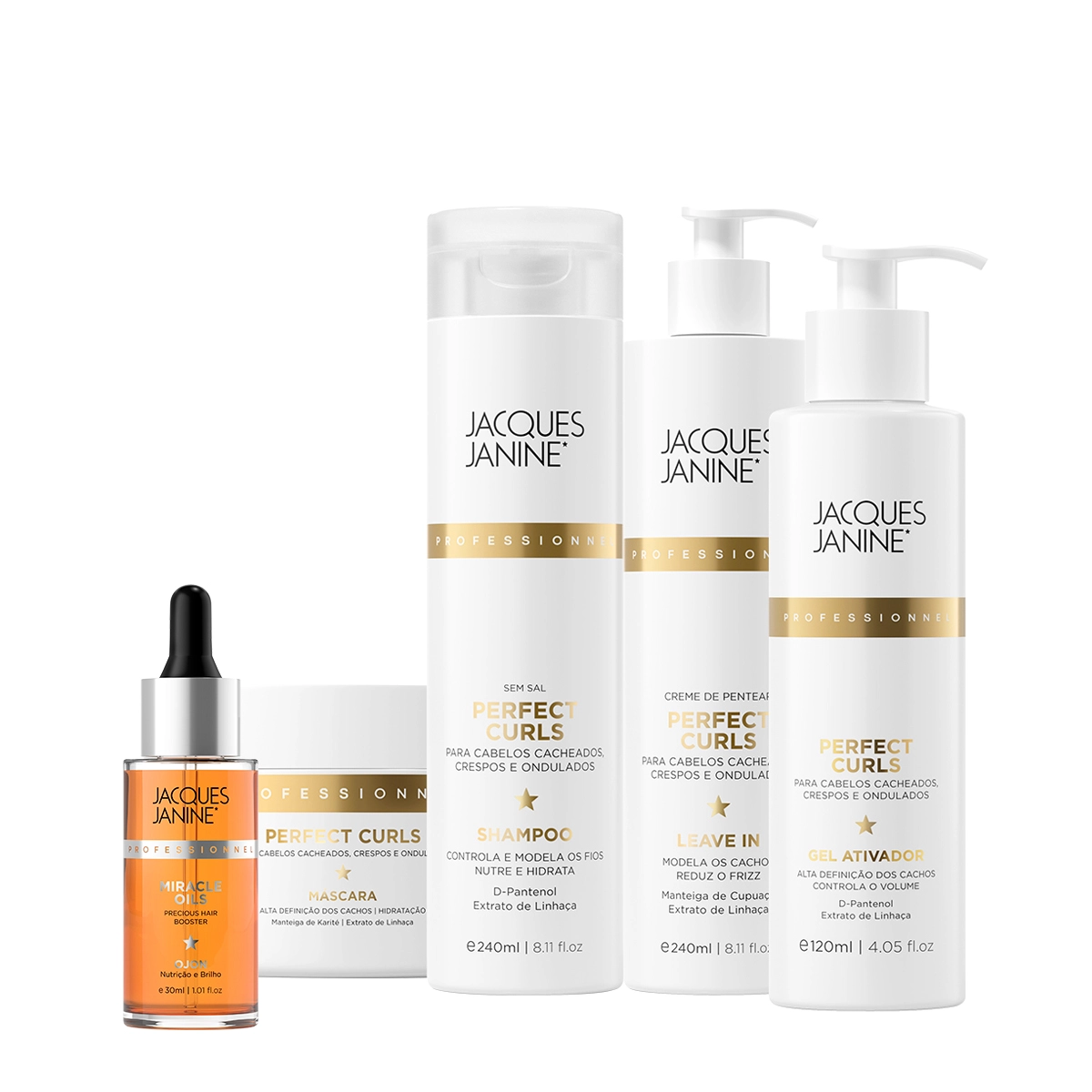 Produto: Kit Jacques Janine Professionnel Perfect Curls Shampoo Gel Máscara Leave-in e Oils Ojon (5 produtos)