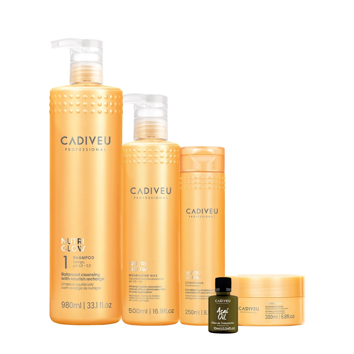 Kit Cadiveu Professional Nutri Glow Shampoo Condicionador Máscara Cera e Açaí Oil (5 produtos) Produto: Kit Cadiveu Professional Nutri Glow Shampoo Condicionador Máscara Cera e Açaí Oil (5 produtos)