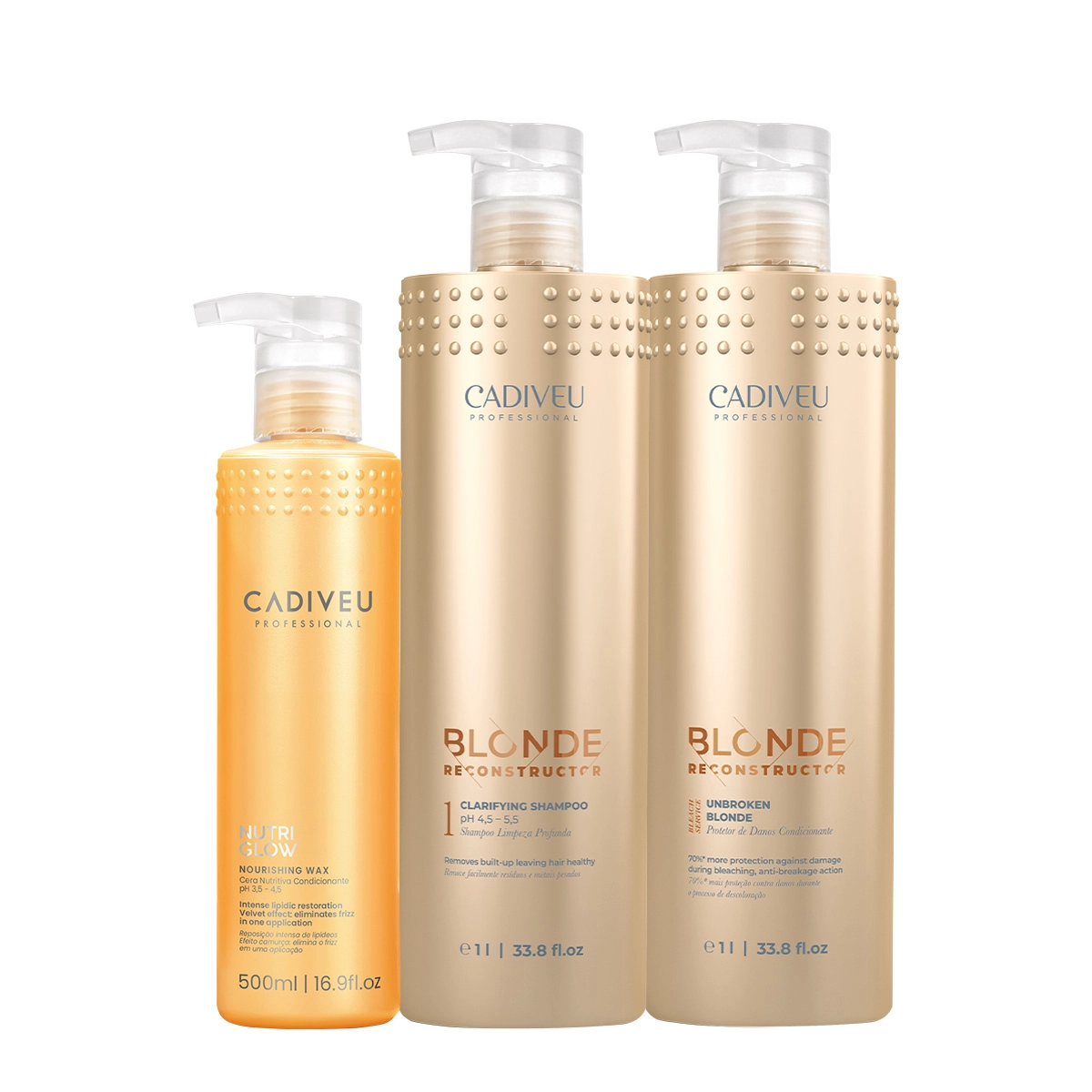 Kit Cadiveu Professional Nutri Glow Cera Nutritiva e Blonde Reconstructor Clarifying Shampoo e Condicionador (3 produtos Produto: Kit Cadiveu Professional Nutri Glow Cera Nutritiva e Blonde Reconstructor Clarifying Shampoo e Condicionador (3 produtos
