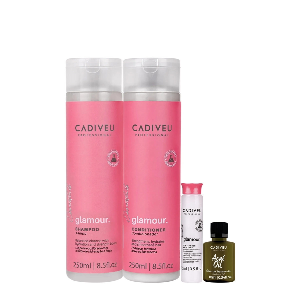 Kit Cadiveu Professional Essentials Glamour Shampoo Condicionador Ampola e Açai Óleo 10 (4 produtos) Produto: Kit Cadiveu Professional Essentials Glamour Shampoo Condicionador Ampola e Açai Óleo 10 (4 produtos)