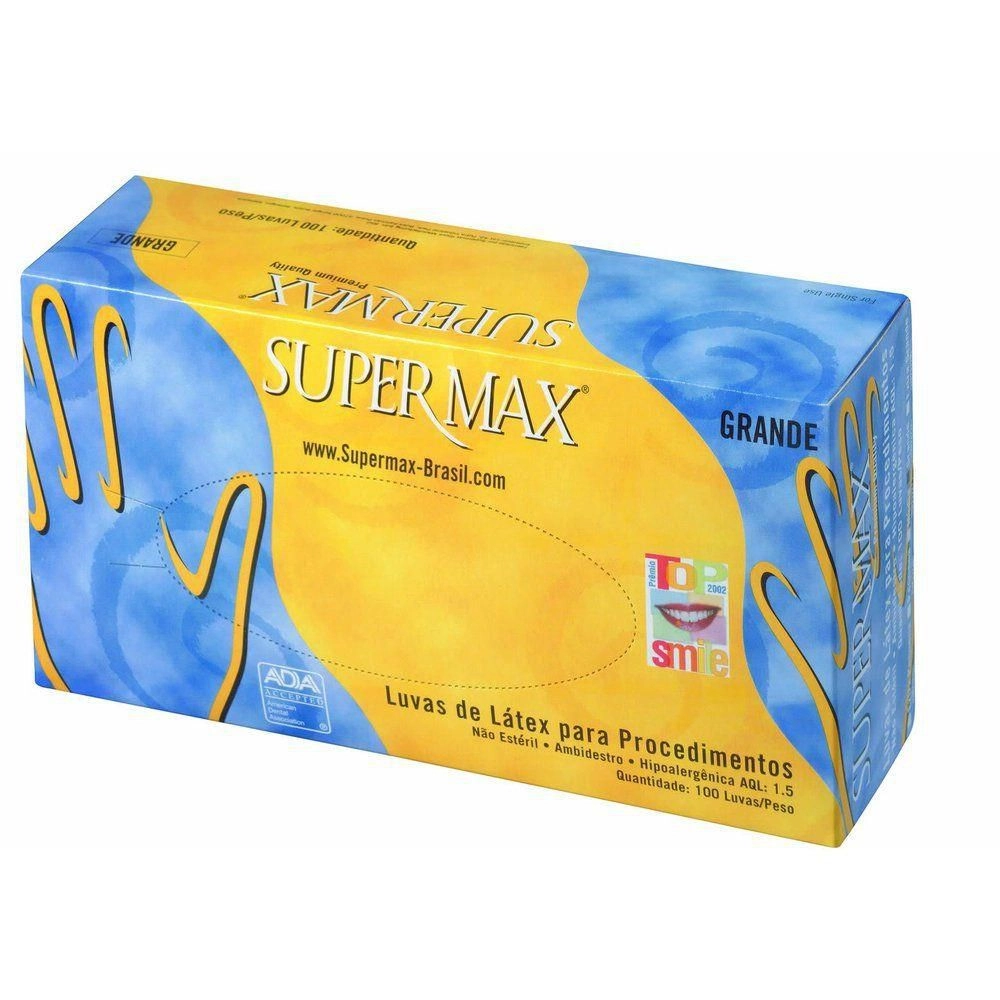 Luva de Látex com Pó Tamanho G - 100unidades Super Max Produto: Luva de Látex com Pó Tamanho G - 100unidades Super Max