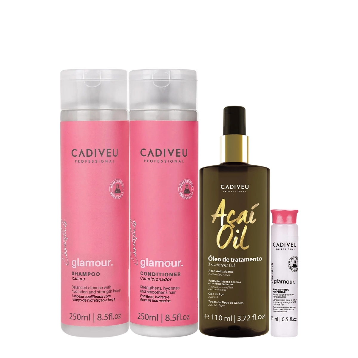 Kit Cadiveu Professional Essentials Glamour Shampoo Condicionador Ampola e Açai Óleo 110 (4 produtos) Produto: Kit Cadiveu Professional Essentials Glamour Shampoo Condicionador Ampola e Açai Óleo 110 (4 produtos)
