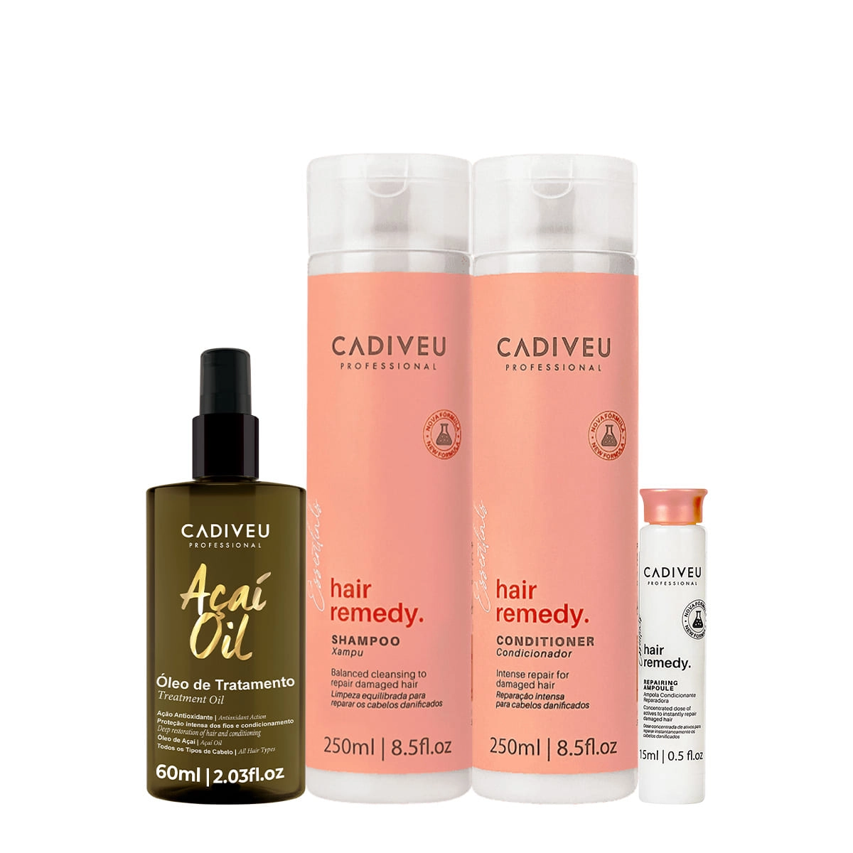 Kit Cadiveu Essentials Hair Remedy Shampoo Condicionador Ampola e Açaí Oil 60 (4 produtos) Produto: Kit Cadiveu Essentials Hair Remedy Shampoo Condicionador Ampola e Açaí Oil 60 (4 produtos)