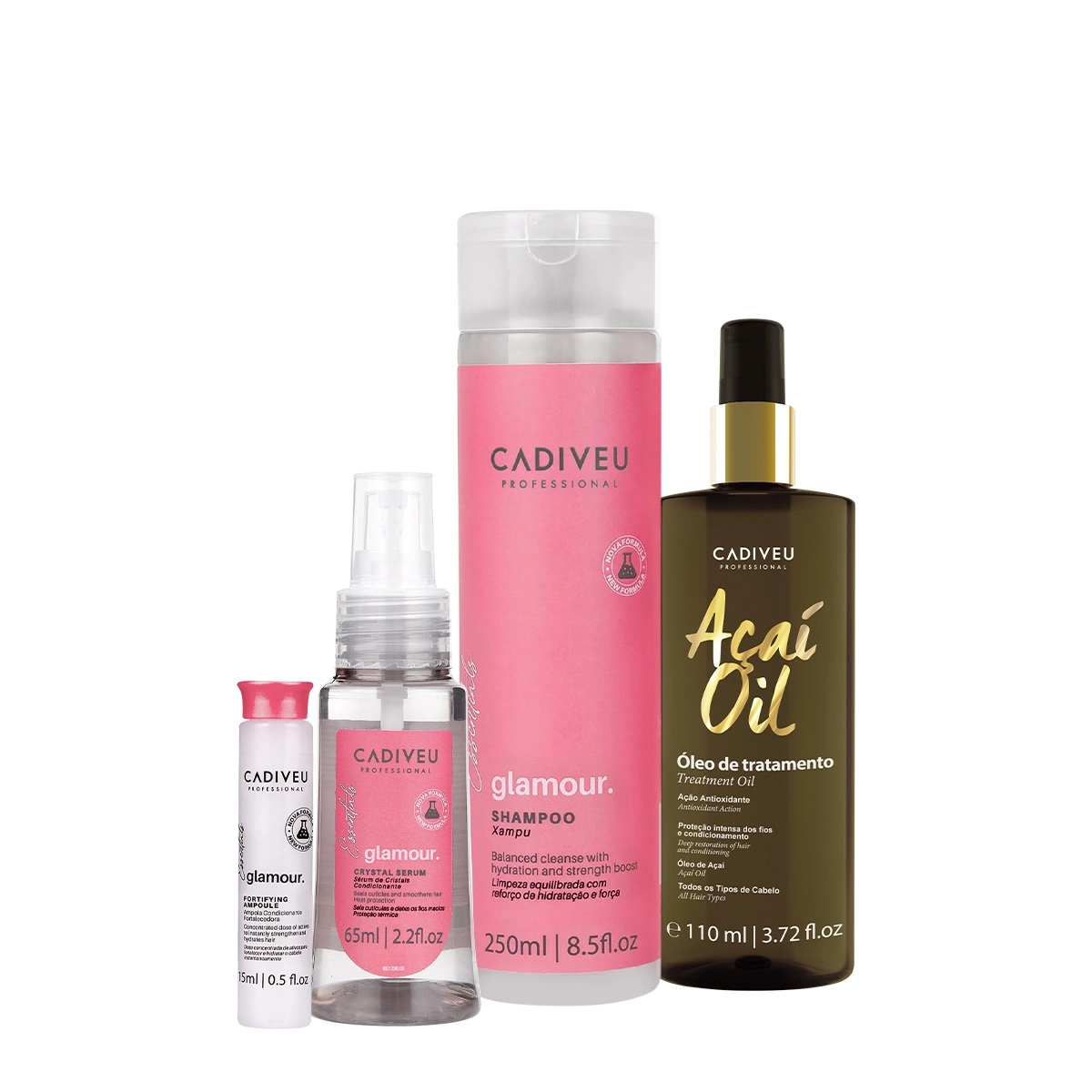 Kit Cadiveu Professional Essentials Glamour Shampoo Sérum Ampola Capilar e Açaí Oil 110 (4 produtos) Produto: Kit Cadiveu Professional Essentials Glamour Shampoo Sérum Ampola Capilar e Açaí Oil 110 (4 produtos)