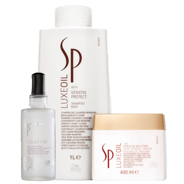 Produto: SP System Professional Luxe Oil Keratin Restore Kit Shampoo 1L Mascara 400ml e Liquid Hair 100ml
