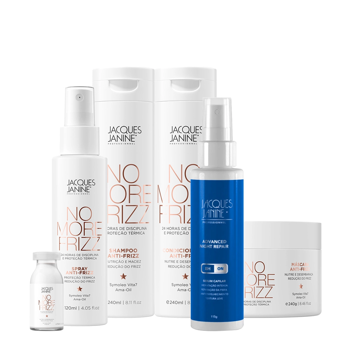Produto: Kit Jacques Janine Professionnel No More Frizz Shampoo Condicionador Máscara Spray Ampola e Night Sérum (6 produtos)