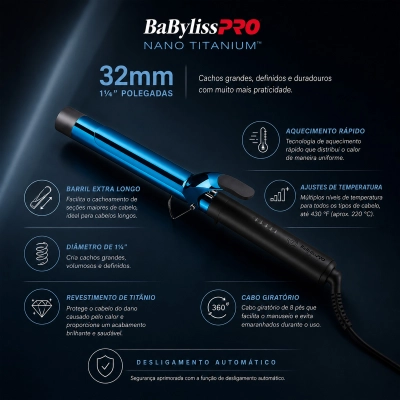 Modelador De Cachos 32mm Babyliss Pro Nano Titanium Bivolt Produto Modelador De Cachos 32mm Babyliss Pro Nano Titanium Bivolt