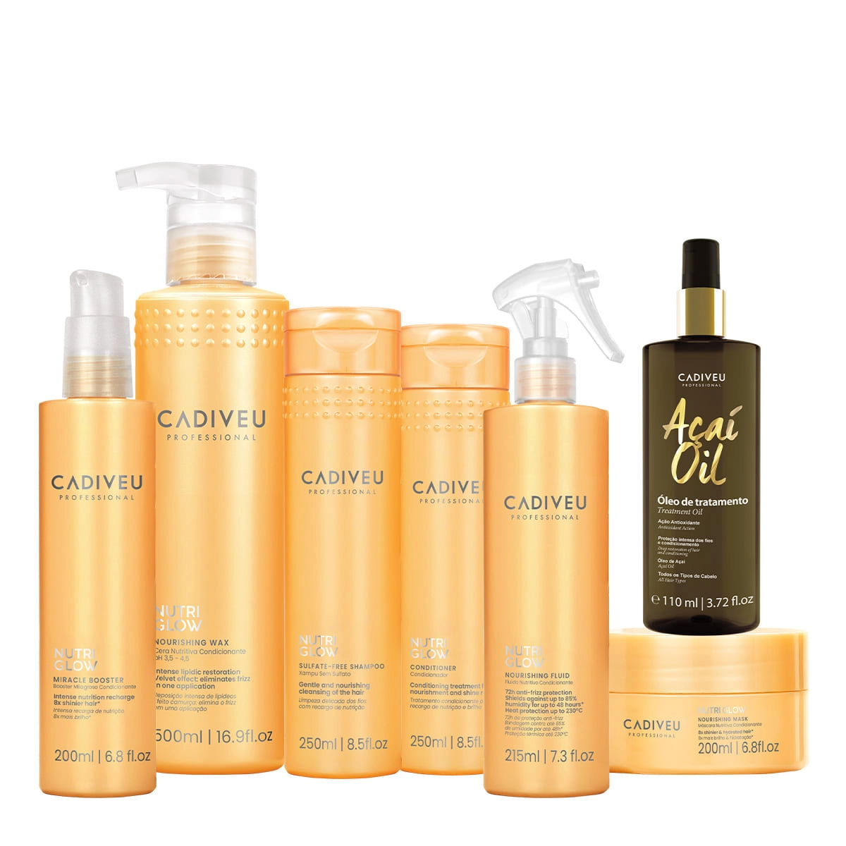 Kit Cadiveu Professional Nutri Glow Shampoo Condicionador Máscara P Cera Leave-in Glow Booster e Açaí Oil 110 (7 produto Produto: Kit Cadiveu Professional Nutri Glow Shampoo Condicionador Máscara P Cera Leave-in Glow Booster e Açaí Oil 110 (7 produto