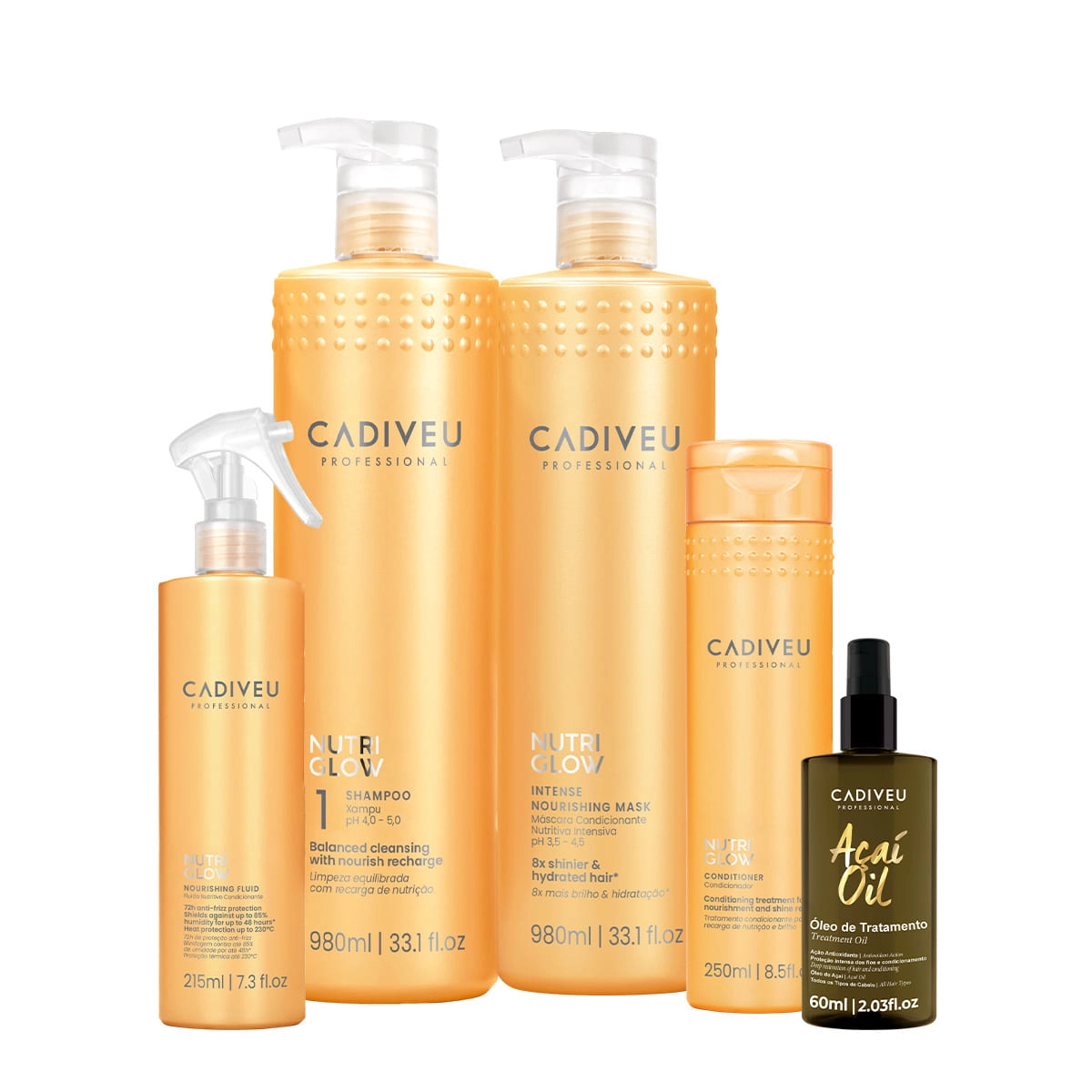 Produto: Kit Cadiveu Professional Nutri Glow Shampoo Condicionador P Máscara G Fluído e Açaí Oil 60 (5 produtos)