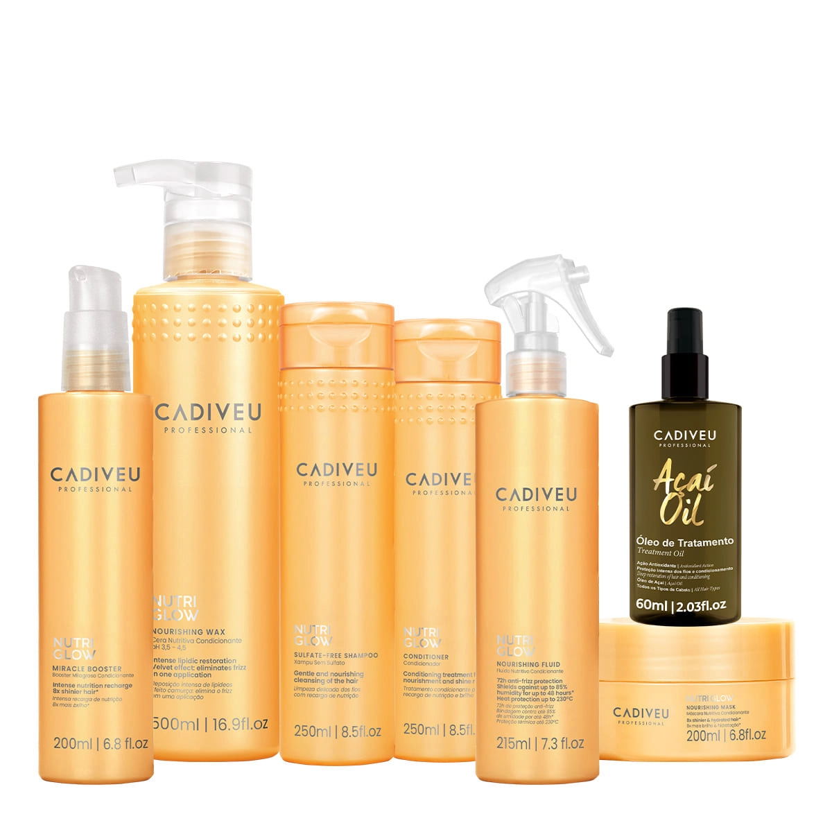 Kit Cadiveu Professional Nutri Glow Shampoo Condicionador Máscara P Cera Leave-in Glow Booster e Açaí Oil 60 (7 produtos Produto: Kit Cadiveu Professional Nutri Glow Shampoo Condicionador Máscara P Cera Leave-in Glow Booster e Açaí Oil 60 (7 produtos