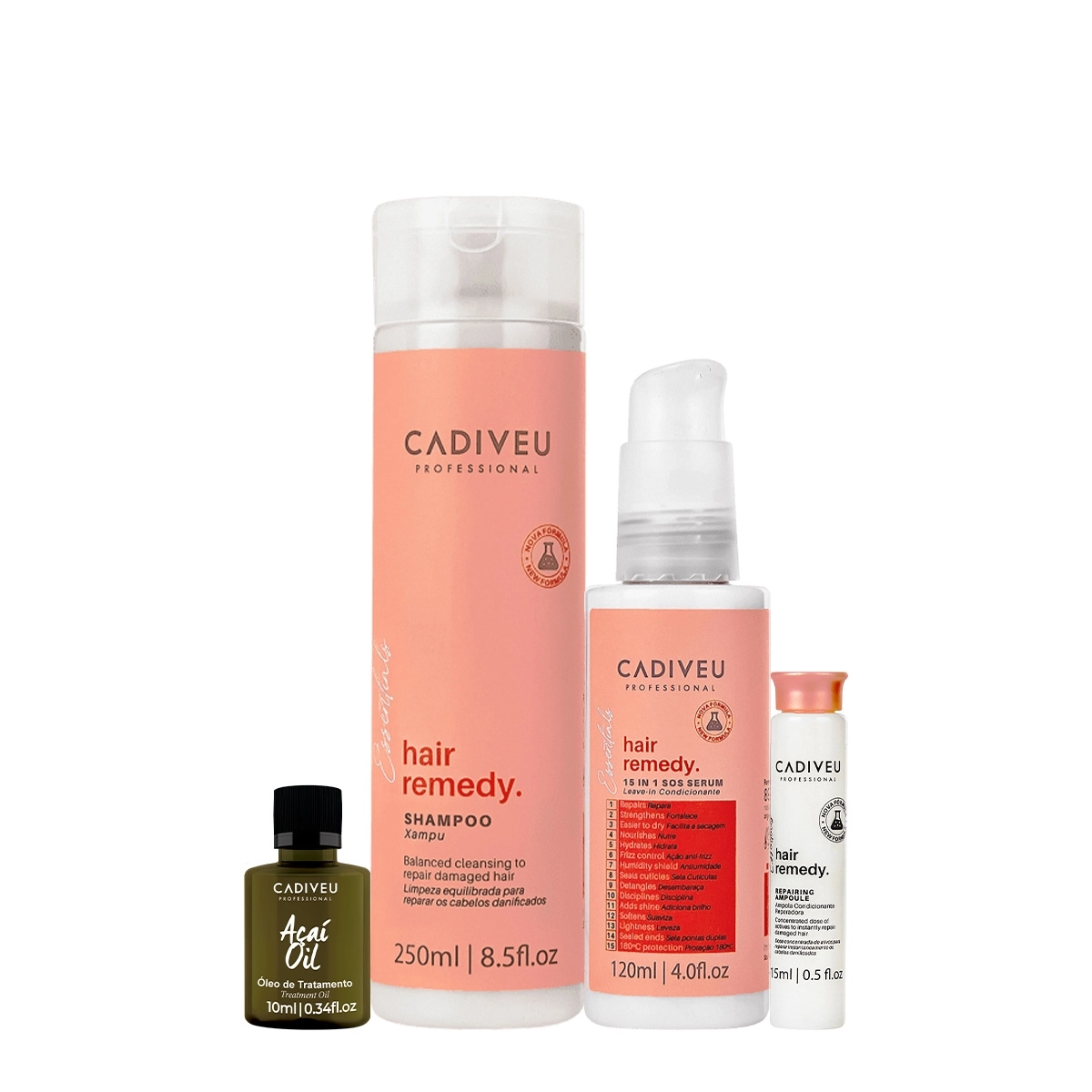 Kit Cadiveu Essentials Hair Remedy Shampoo Leave-in SOS Sérum Ampola e Açaí Oil (4 produtos) Produto: Kit Cadiveu Essentials Hair Remedy Shampoo Leave-in SOS Sérum Ampola e Açaí Oil (4 produtos)
