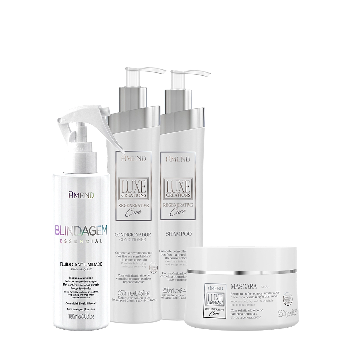 Kit Amend Luxe Creations Regenerative Care Shampoo Condicionador Máscara e Fluído Antiumidade (4 produtos) Produto: Kit Amend Luxe Creations Regenerative Care Shampoo Condicionador Máscara e Fluído Antiumidade (4 produtos)