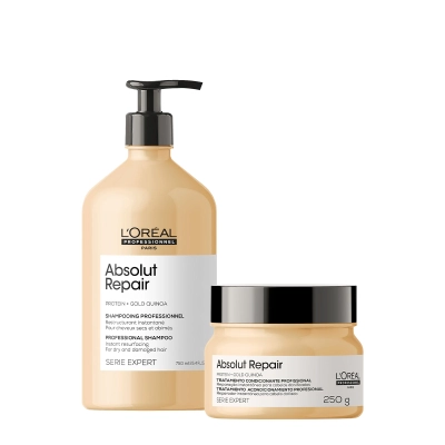 Kit L'Oréal Professionnel Absolut Repair Gold Shampoo 750 Máscara (2 produtos) Produto: Kit L'Oréal Professionnel Absolut Repair Gold Shampoo 750 Máscara (2 produtos)