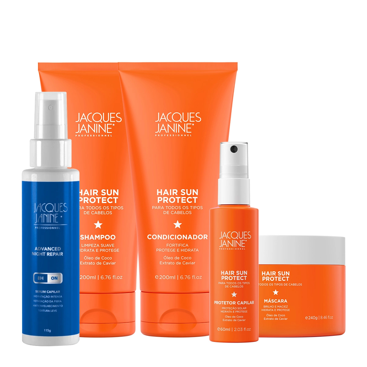 Produto: Kit Jacques Janine Hair Sun Protect Shampoo Condicionador Máscara Spray Capilar e Night Sérum (5 produtos)