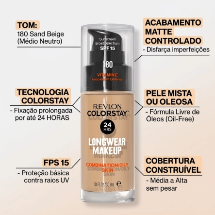 Base Facial Matte Colorstay 180 Sand Beige FPS 15 Revlon Colorstay 30ml Produto Base Facial Matte Colorstay 180 Sand Beige FPS 15 Revlon Colorstay 30ml