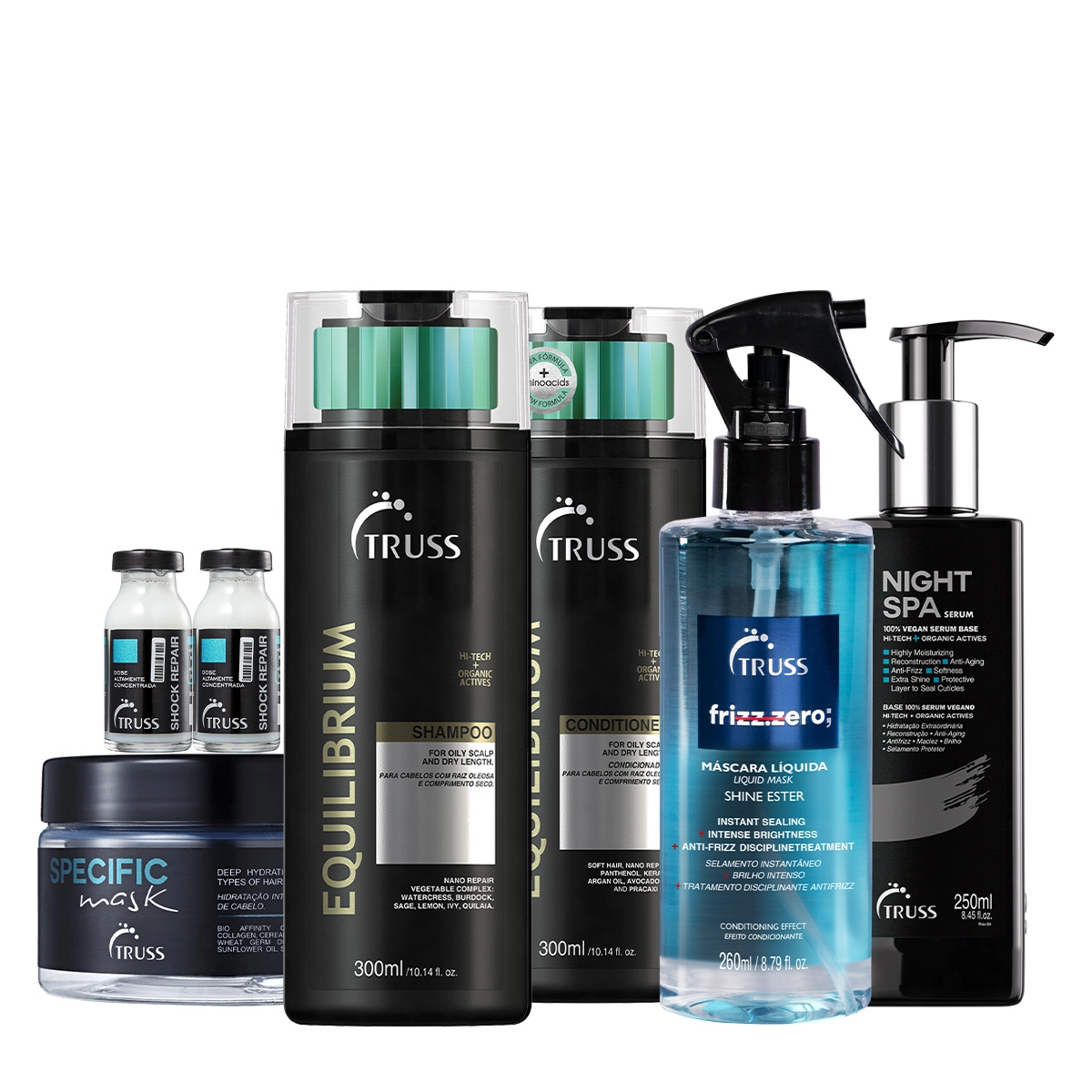 Produto: Kit Truss Equilibrium Shampoo Condicionador Night Spa Frizz Zero Shock Repair e Truss Specifc Máscara (6 produtos)