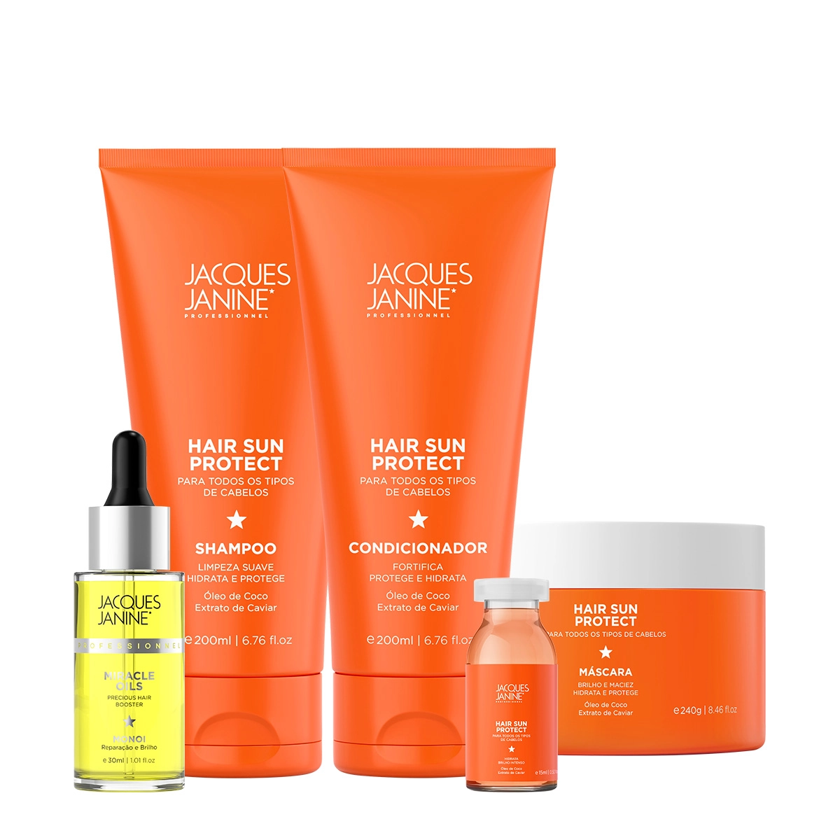 Produto: Kit Jacques Janine Hair Sun Protect Shampoo Condicionador Máscara Ampola e Miracle Oils Monoi (5 produtos)