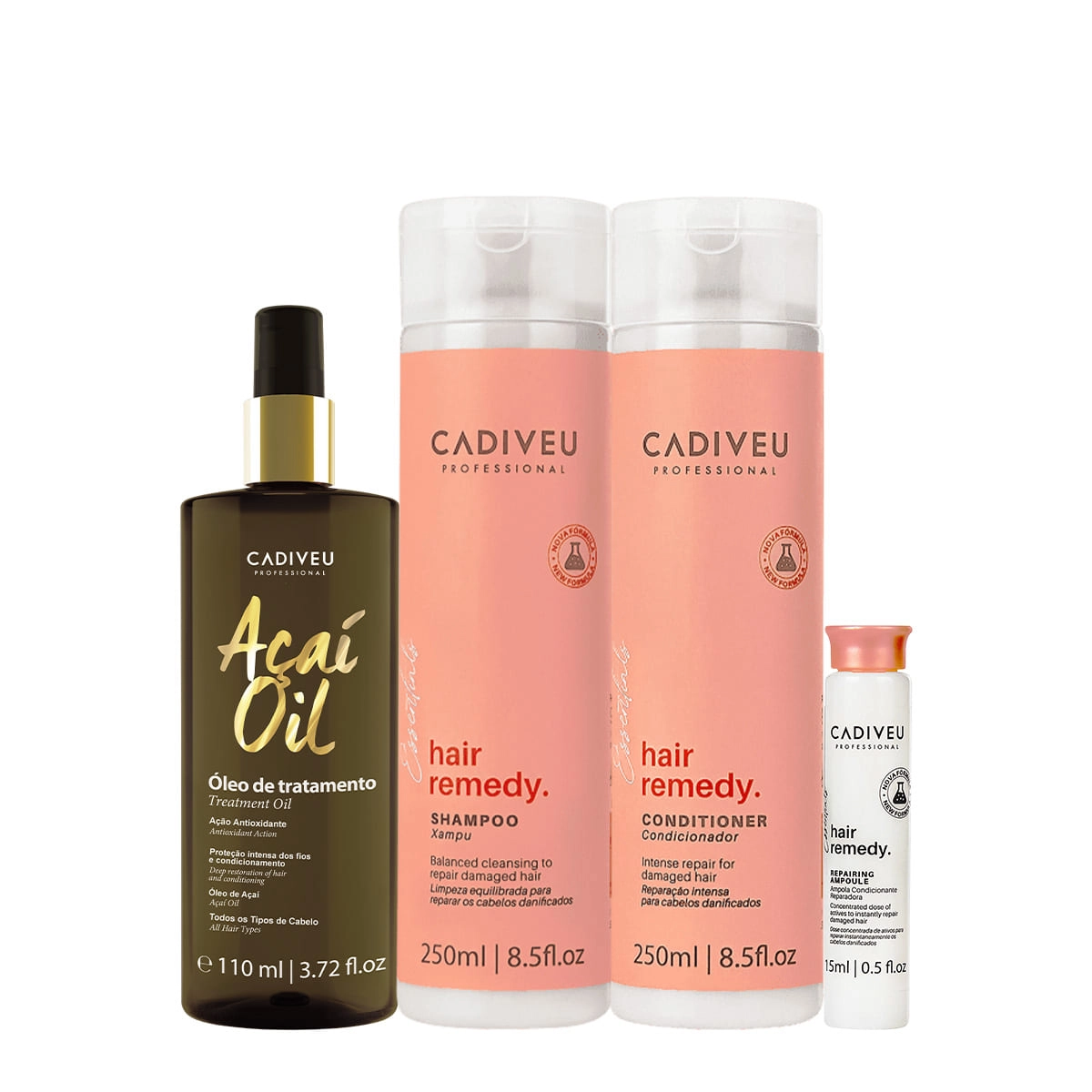 Kit Cadiveu Essentials Hair Remedy Shampoo Condicionador Ampola e Açaí Oil 110 (4 produtos) Produto: Kit Cadiveu Essentials Hair Remedy Shampoo Condicionador Ampola e Açaí Oil 110 (4 produtos)