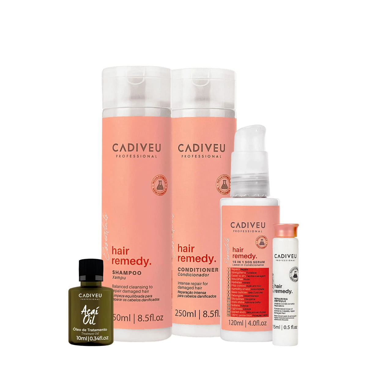 Kit Cadiveu Essentials Hair Remedy Shampoo Condicionador Leave-in Sérum Ampola e Açaí Oil (5 produtos) Produto: Kit Cadiveu Essentials Hair Remedy Shampoo Condicionador Leave-in Sérum Ampola e Açaí Oil (5 produtos)