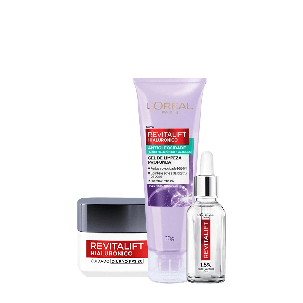 Produto: Kit L'Oréal Paris Revitalift Gel De Limpeza  Anti-Idade FPS 20 e Sérum (3 produtos)