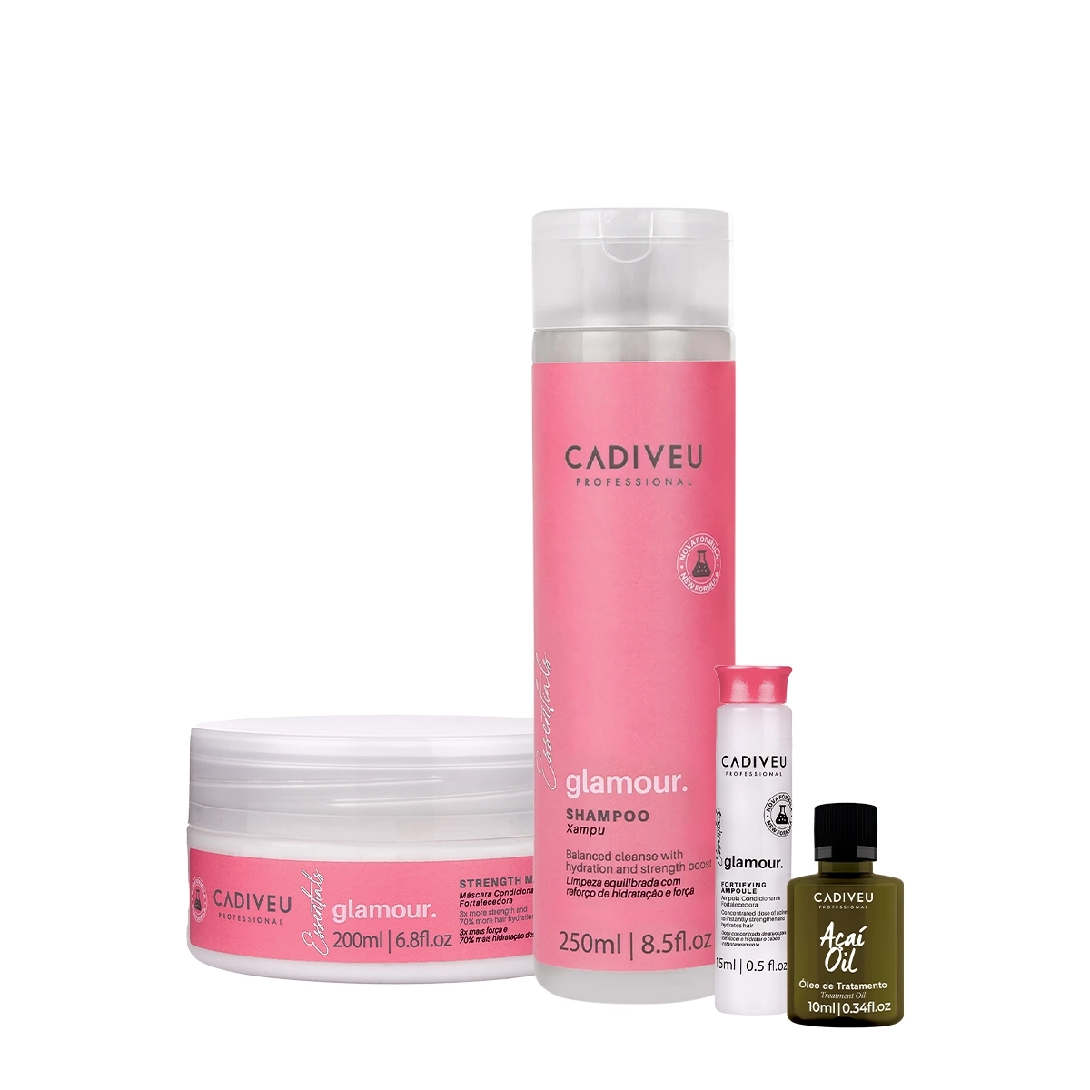 Kit Cadiveu Professional Essentials Glamour Shampoo Máscara Ampola e Açai Oil 10 (4 produtos) Produto: Kit Cadiveu Professional Essentials Glamour Shampoo Máscara Ampola e Açai Oil 10 (4 produtos)