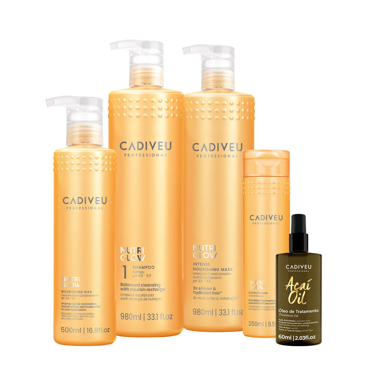 Produto: Kit Cadiveu Professional Nutri Glow Shampoo G Condicionador Máscara Cera G e Açaí Oil 60 (5 produtos)