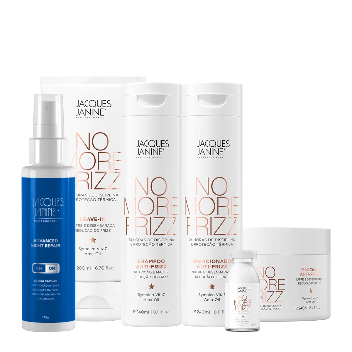 Produto: Kit Jacques Janine Professionnel No More Frizz Shampoo Condicionador Máscara Leave-in Ampola e Night Sérum (6 produtos)