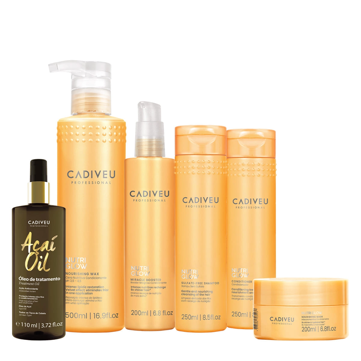 Kit Cadiveu Professional Nutri Glow Shampoo Condicionador Máscara Pré-Shampoo Cera e Açaí Oil 110 (6 produtos) Produto: Kit Cadiveu Professional Nutri Glow Shampoo Condicionador Máscara Pré-Shampoo Cera e Açaí Oil 110 (6 produtos)