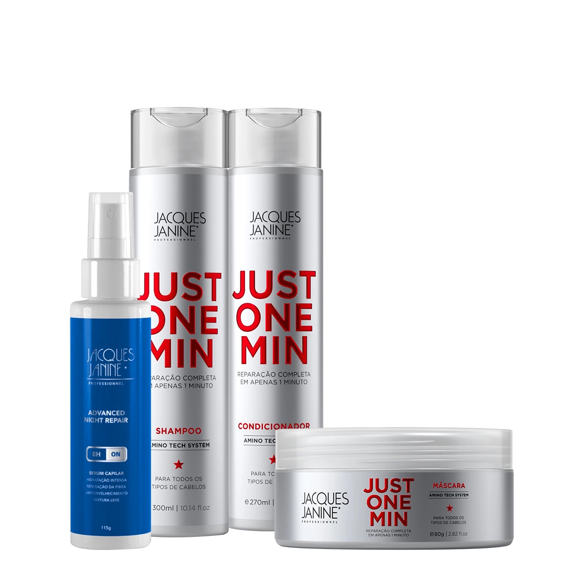 Produto: Kit Jacques Janine Professionnel Just One Min  Shampoo Condicionador Night Sérum e Máscara P (4 produtos)