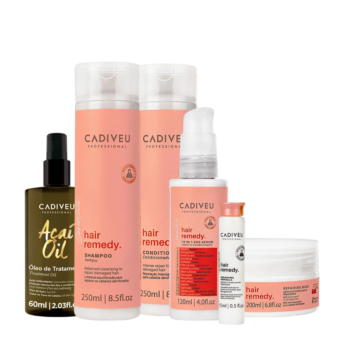 Kit Cadiveu Essentials Hair Remedy Shampoo Condicionador Máscara Sérum Ampola e Açaí Oil 60 (6 produtos) Produto: Kit Cadiveu Essentials Hair Remedy Shampoo Condicionador Máscara Sérum Ampola e Açaí Oil 60 (6 produtos)