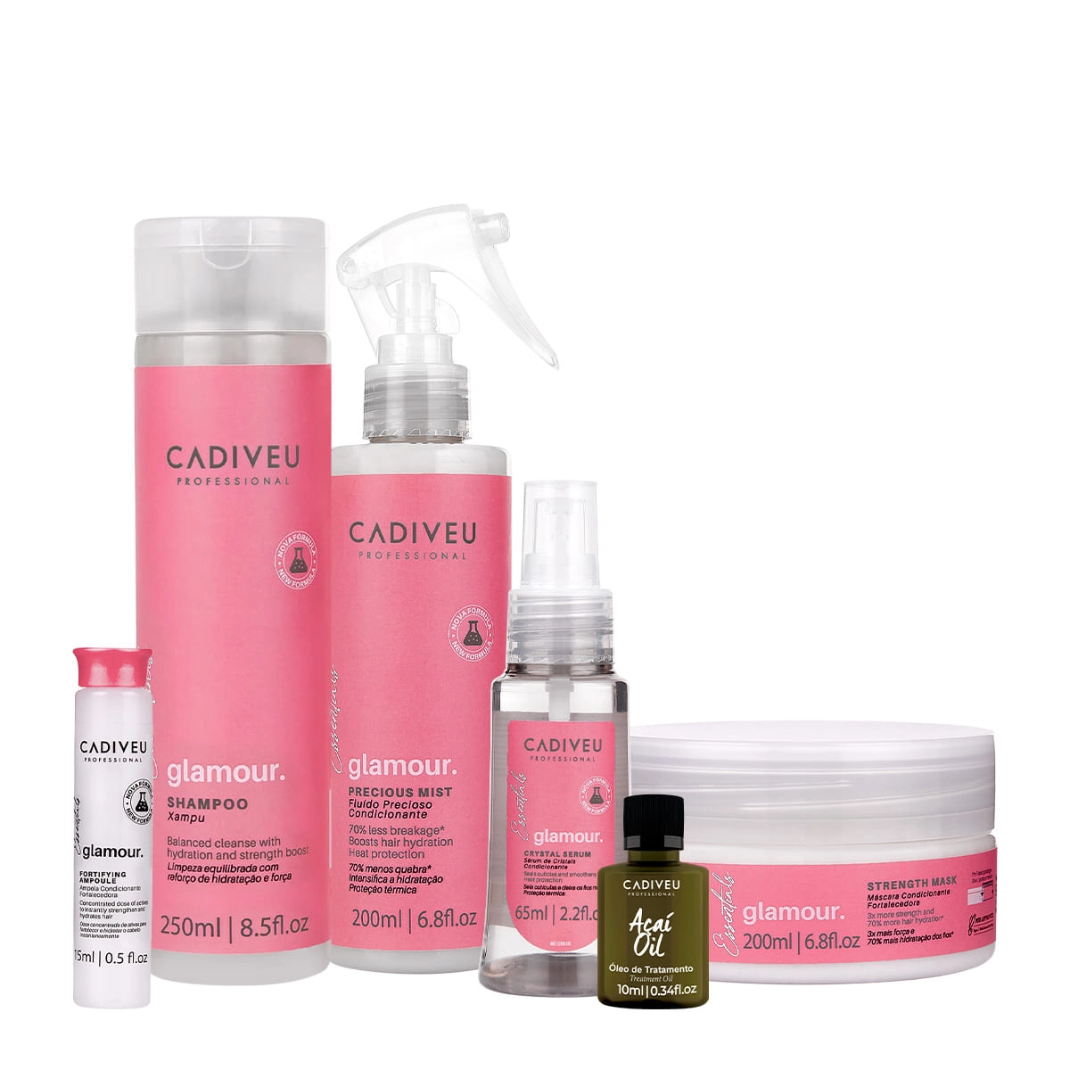 Kit Cadiveu Professional Essentials Glamour Shampoo Máscara Fluído Ampola Sérum e Açaí Oil 10 (6 produtos) Produto: Kit Cadiveu Professional Essentials Glamour Shampoo Máscara Fluído Ampola Sérum e Açaí Oil 10 (6 produtos)