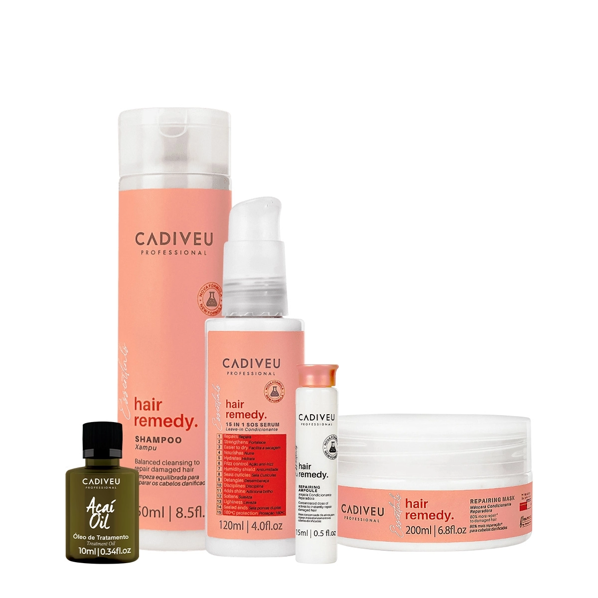 Kit Cadiveu Essentials Hair Remedy Shampoo Máscara Leave-in Sérum Ampola e Açaí Oil (5 produtos) Produto: Kit Cadiveu Essentials Hair Remedy Shampoo Máscara Leave-in Sérum Ampola e Açaí Oil (5 produtos)