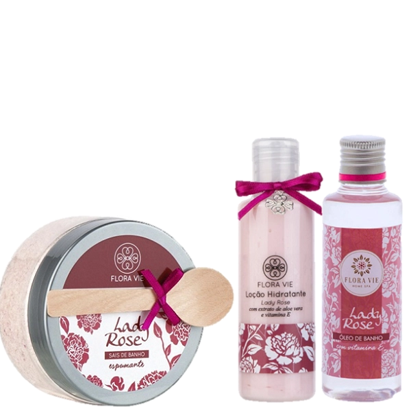 Produto: Sais de Banho Espumante Oleo de Banho e Locao Hidratante Corporal Kit Lady Rose Flora Vie