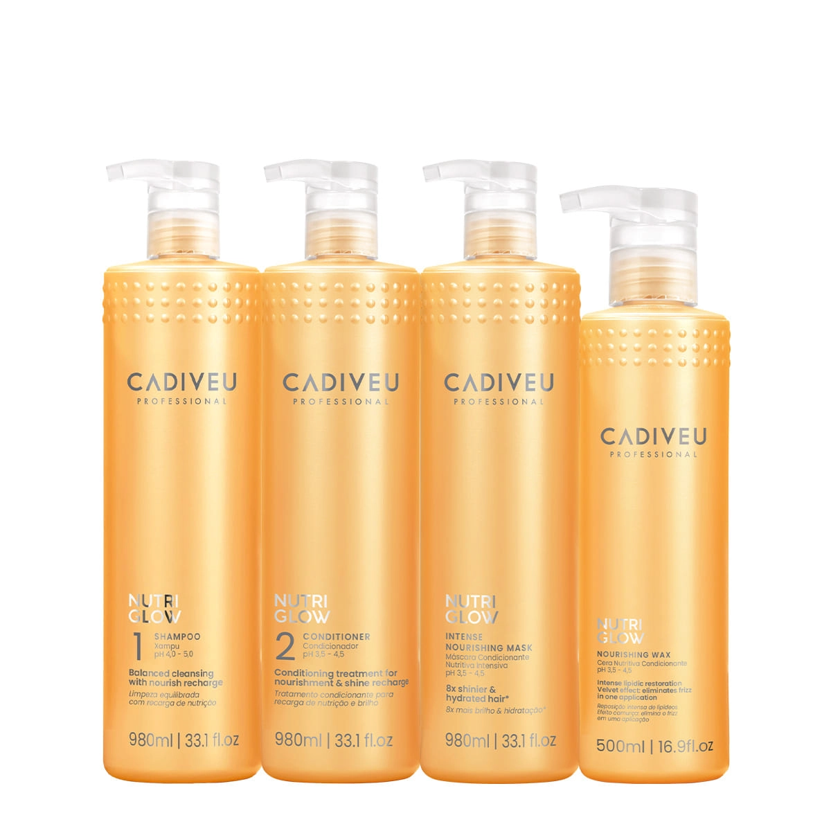 Kit Cadiveu Professional Nutri Glow Shampoo Condicionador Máscara e Cera Nutritiva (4 produtos) Produto: Kit Cadiveu Professional Nutri Glow Shampoo Condicionador Máscara e Cera Nutritiva (4 produtos)