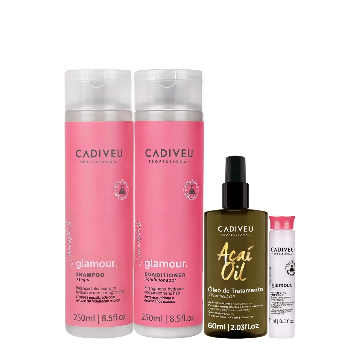 Kit Cadiveu Professional Essentials Glamour Shampoo Condicionador Ampola e Açai Óleo 60 (4 produtos) Produto: Kit Cadiveu Professional Essentials Glamour Shampoo Condicionador Ampola e Açai Óleo 60 (4 produtos)