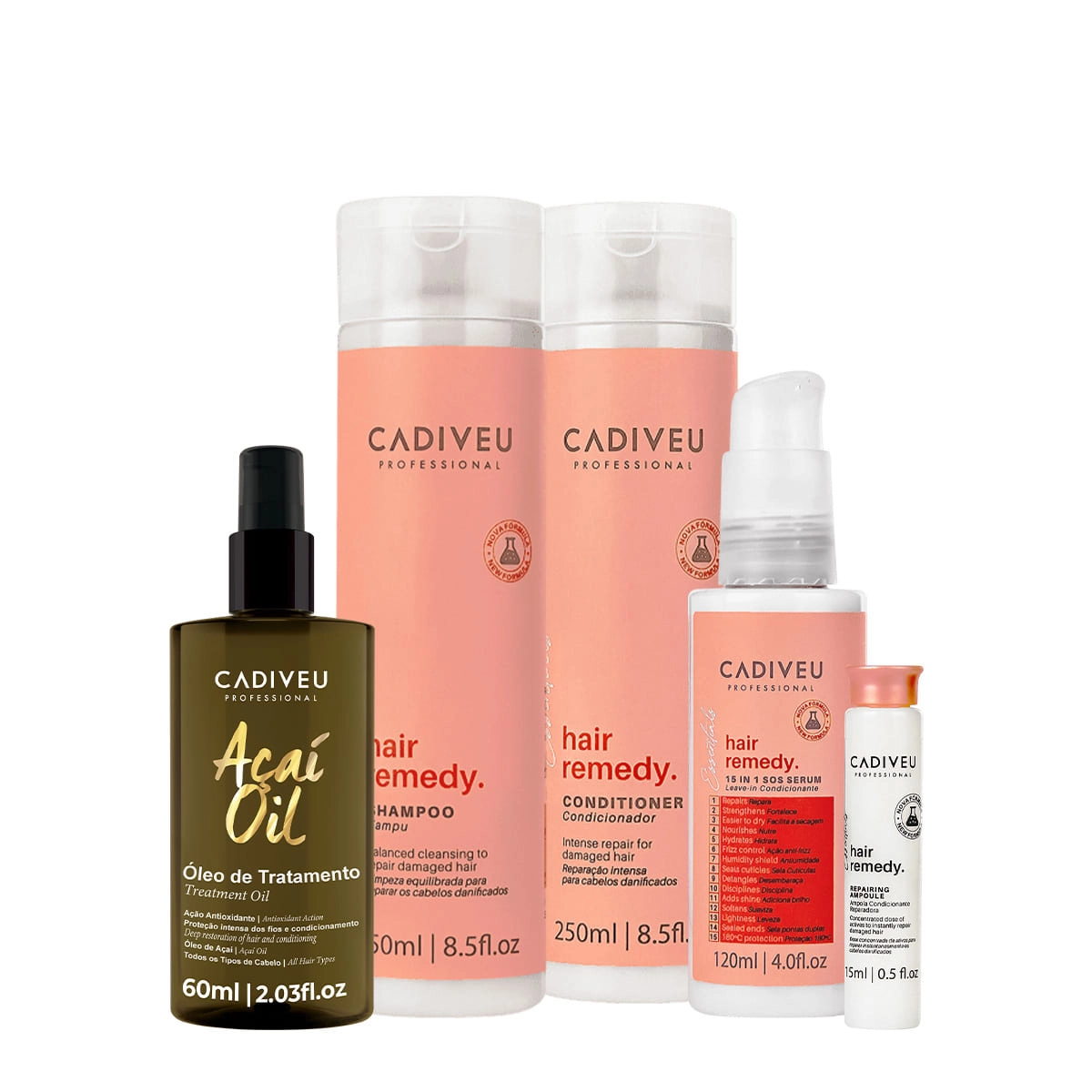 Kit Cadiveu Essentials Hair Remedy Shampoo Condicionador Leave-in Sérum Ampola e Açaí Oil 60 (5 produtos) Produto: Kit Cadiveu Essentials Hair Remedy Shampoo Condicionador Leave-in Sérum Ampola e Açaí Oil 60 (5 produtos)