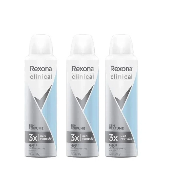 Produto: Rexona Clinical Desodorante Aerosol s/Perfume 150ml - 3 Unidades