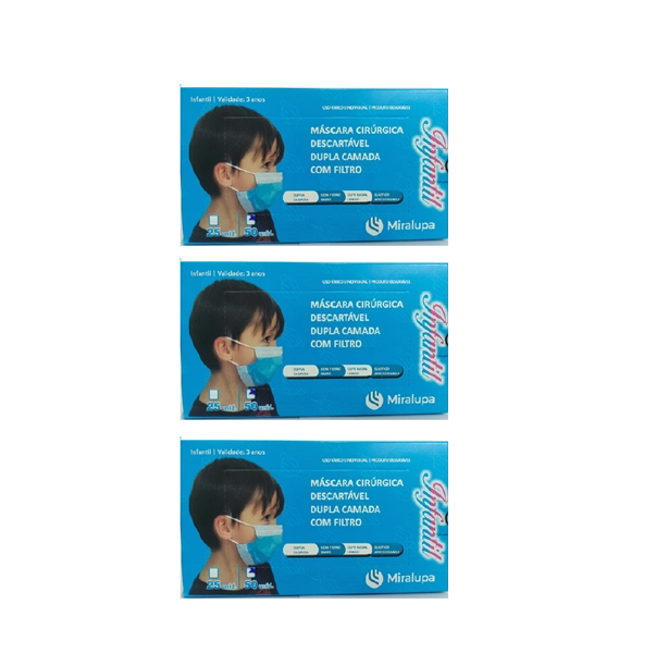 Mascara Cirurgica Dupla Camada com Filtro - Infantil Azul 3 un. C/50 cd. Produto: Mascara Cirurgica Dupla Camada com Filtro - Infantil Azul 3 un. C/50 cd.