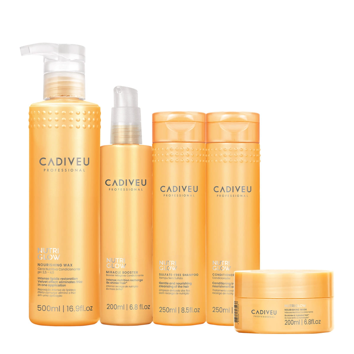 Produto: Kit Cadiveu Professional Nutri Glow Shampoo Condicionador Máscara P Cera e Glow Booster (5 produtos)