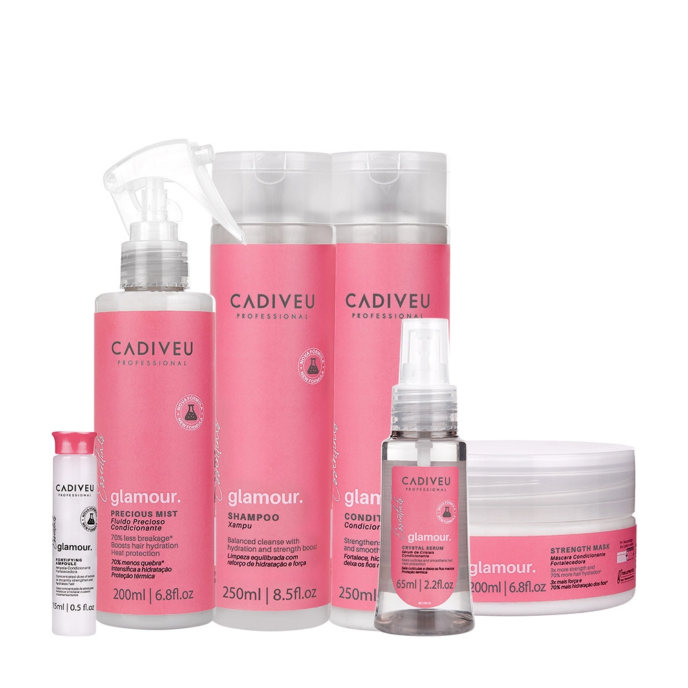 Kit Cadiveu Profissional Essentials Glamour Shampoo Condicionador Sérum Máscara Fluído e Ampola (6 produtos) Produto: Kit Cadiveu Profissional Essentials Glamour Shampoo Condicionador Sérum Máscara Fluído e Ampola (6 produtos)