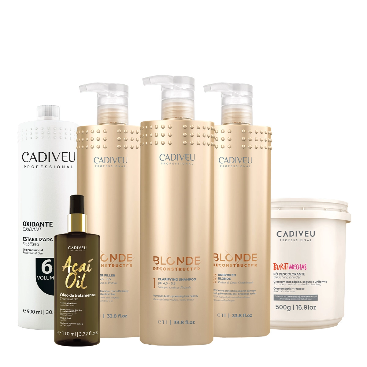 Kit Cadiveu Professional Blonde Reconstructor Shampoo Condicionador Máscara Ox 6v Buriti Mechas e Açai Oil (6 produtos) Produto: Kit Cadiveu Professional Blonde Reconstructor Shampoo Condicionador Máscara Ox 6v Buriti Mechas e Açai Oil (6 produtos)