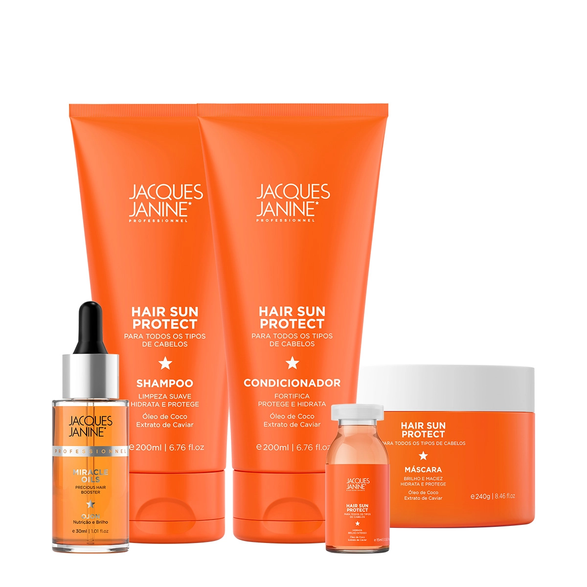 Kit Jacques Janine Hair Sun Protect Shampoo Condicionador Máscara Ampola e Miracle Oils Ojon (5 produtos) Produto: Kit Jacques Janine Hair Sun Protect Shampoo Condicionador Máscara Ampola e Miracle Oils Ojon (5 produtos)
