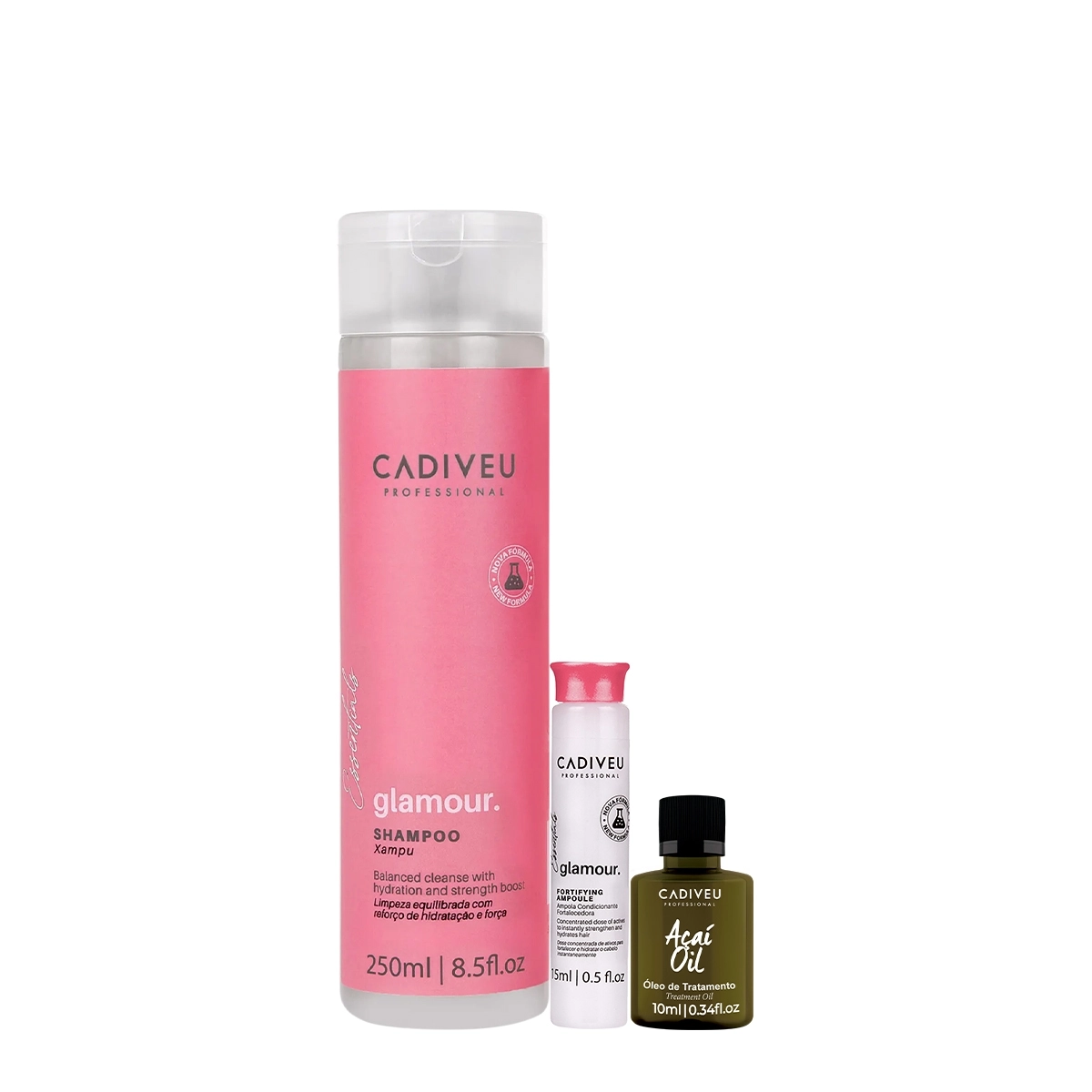 Kit Cadiveu Profissional Essentials Glamour Shampoo Ampola e Açaí Oil P (3 produtos) Produto: Kit Cadiveu Profissional Essentials Glamour Shampoo Ampola e Açaí Oil P (3 produtos)