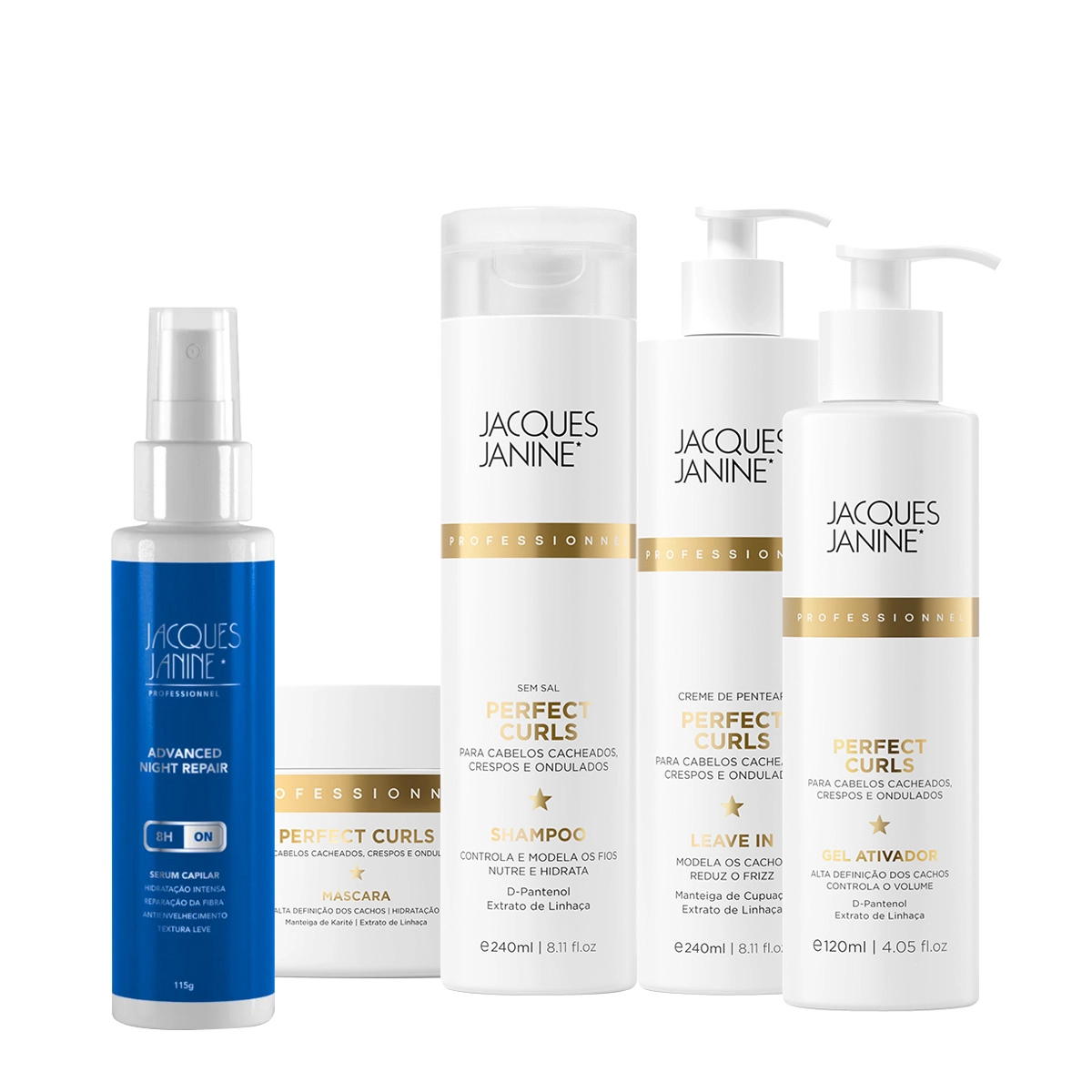 Kit Jacques Janine Professionnel Perfect Curls Shampoo Gel Máscara Leave-in e Night Sérum (5 produtos) Produto: Kit Jacques Janine Professionnel Perfect Curls Shampoo Gel Máscara Leave-in e Night Sérum (5 produtos)