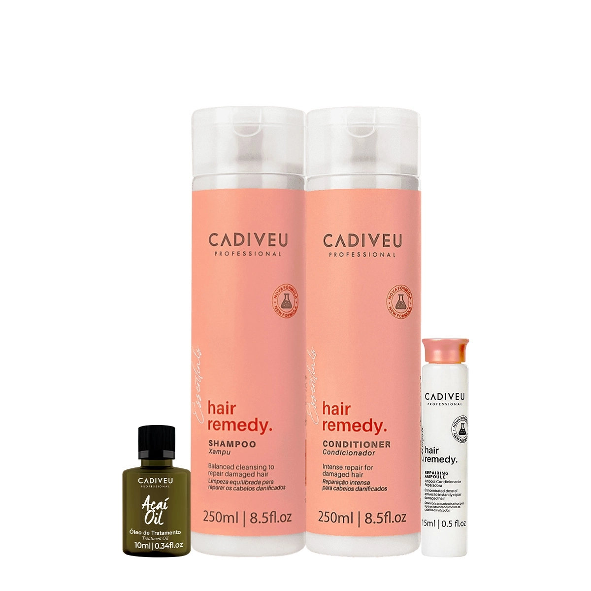 Kit Cadiveu Essentials Hair Remedy Shampoo Condicionador Ampola e Açaí Oil (4 produtos) Produto: Kit Cadiveu Essentials Hair Remedy Shampoo Condicionador Ampola e Açaí Oil (4 produtos)