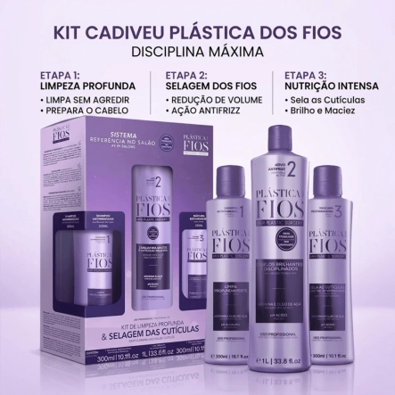 Produto Kit Cadiveu Plástica dos Fios Disciplina Máxima Shampoo 300ml Tratamento 1L Máscara 300ml